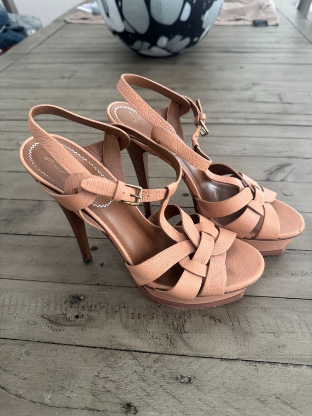 YSL Saint Laurent Beige Leather Tribute Platform Wood Heel Sandals Pumps 39 - Picture 3 of 8